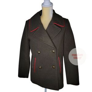 Express Military Style Olive Wool Peacoat Red Trim Double Breasted Jacket Size M